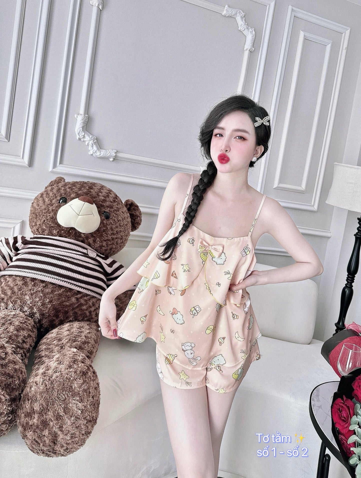 Satin Tank Top Pajama with Bow Short Set