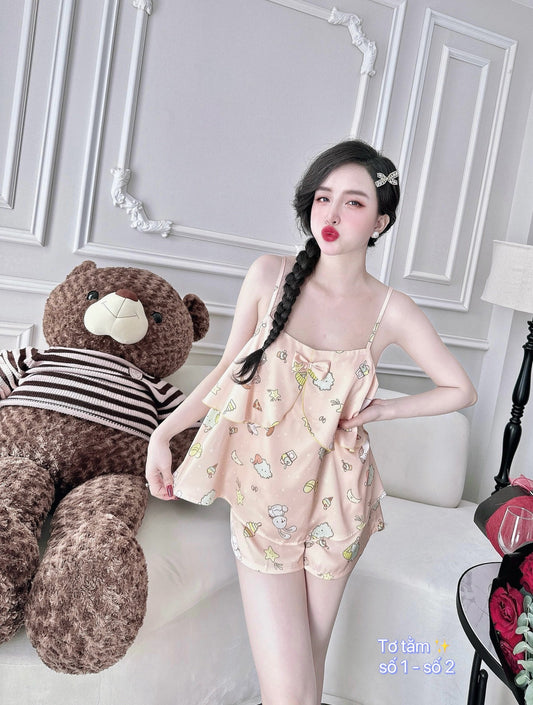 Satin Tank Top Pajama with Bow Short Set