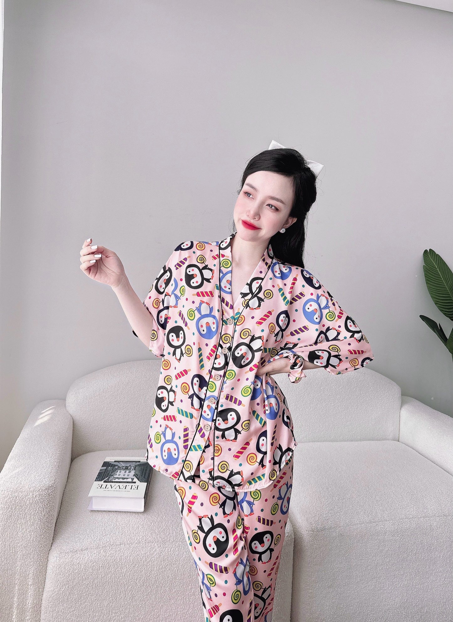 V Neck Penguin Satin Short Sleeve