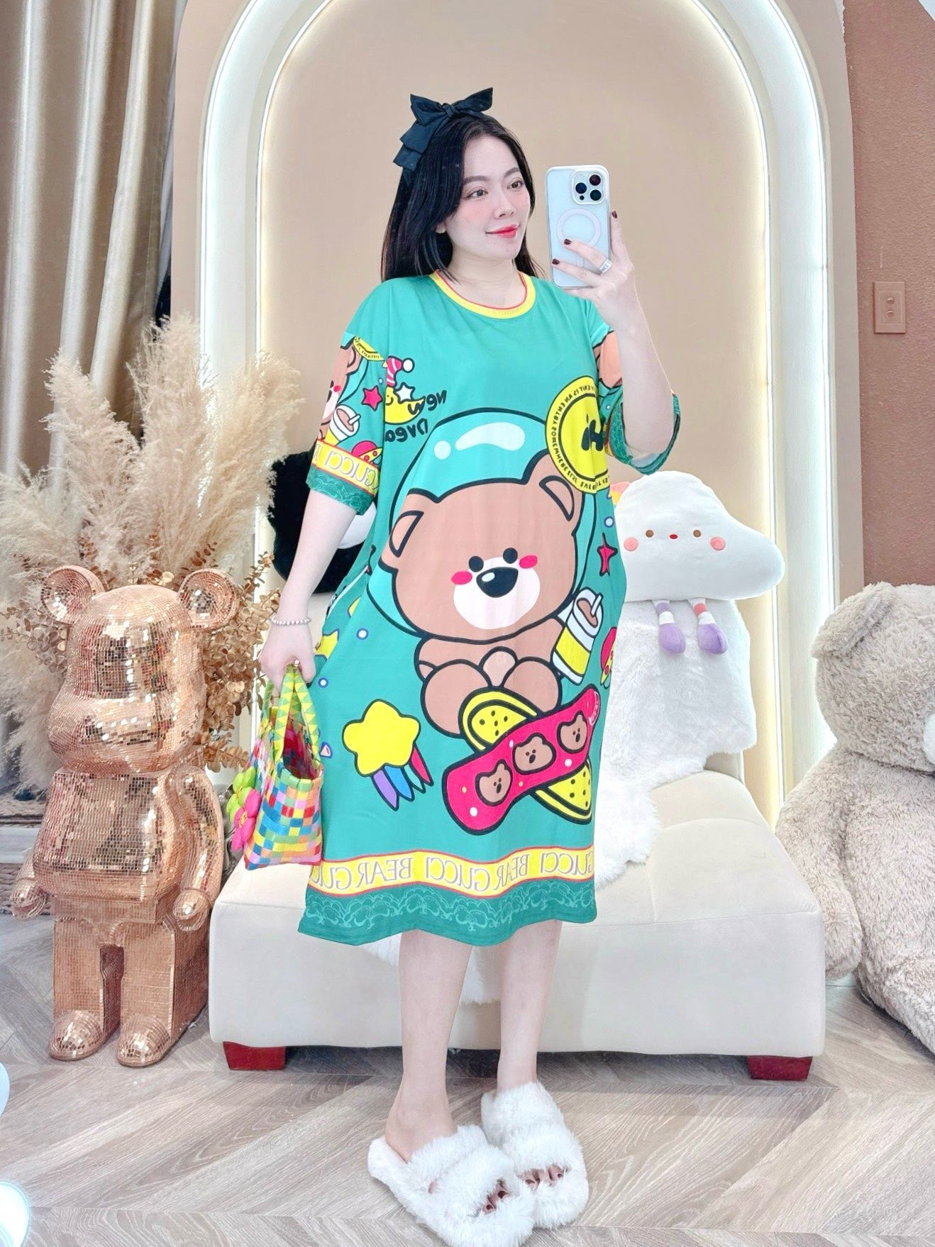 Green Ribbed Bear Ribbed Cotton Dress