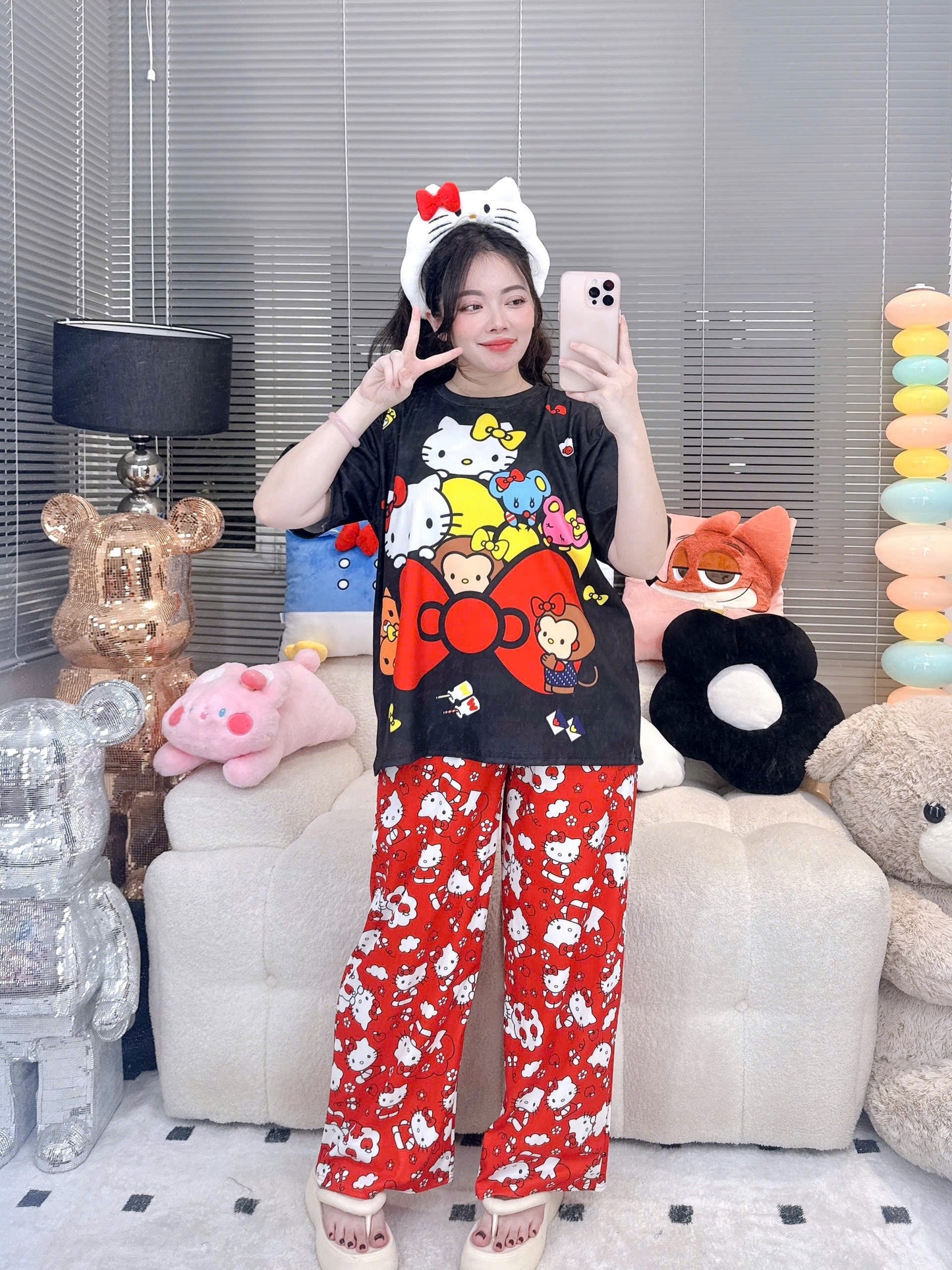Black Red Hello Kitty Ribbed Cotton Pajama Short Sleeve