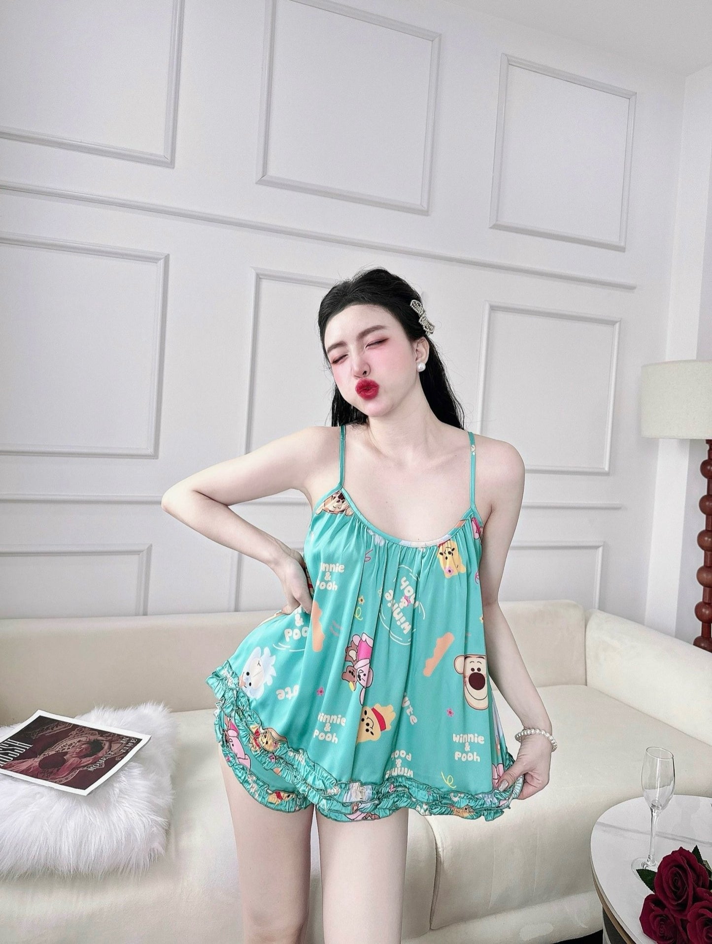 Green Baby Poooh Satin Tank Top Pajama Short Set