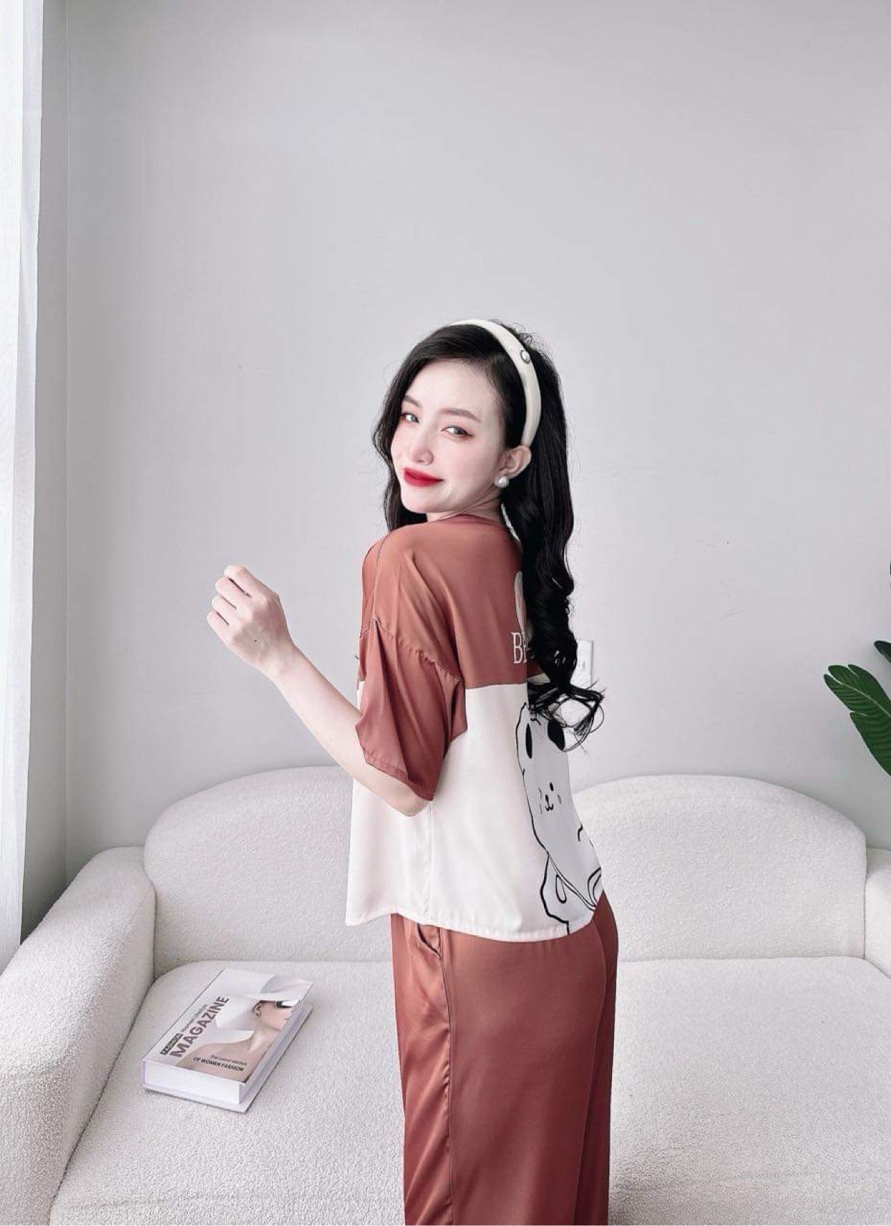 Petite Cute Bear Pattern Satin Pajama Short Sleeve