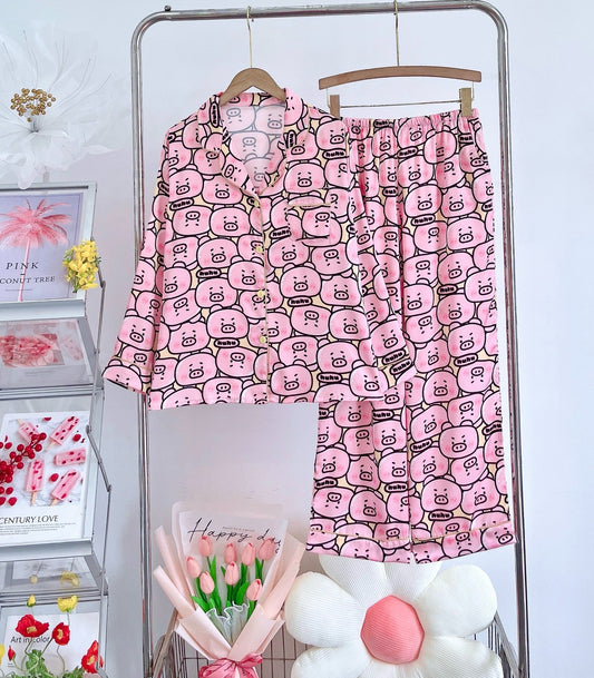 Petite Pink Cute Piggy Pattern Satin Pajama Long Sleeve