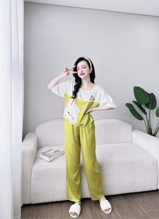 Petite Bunny Pattern Satin Pajama Short Sleeve