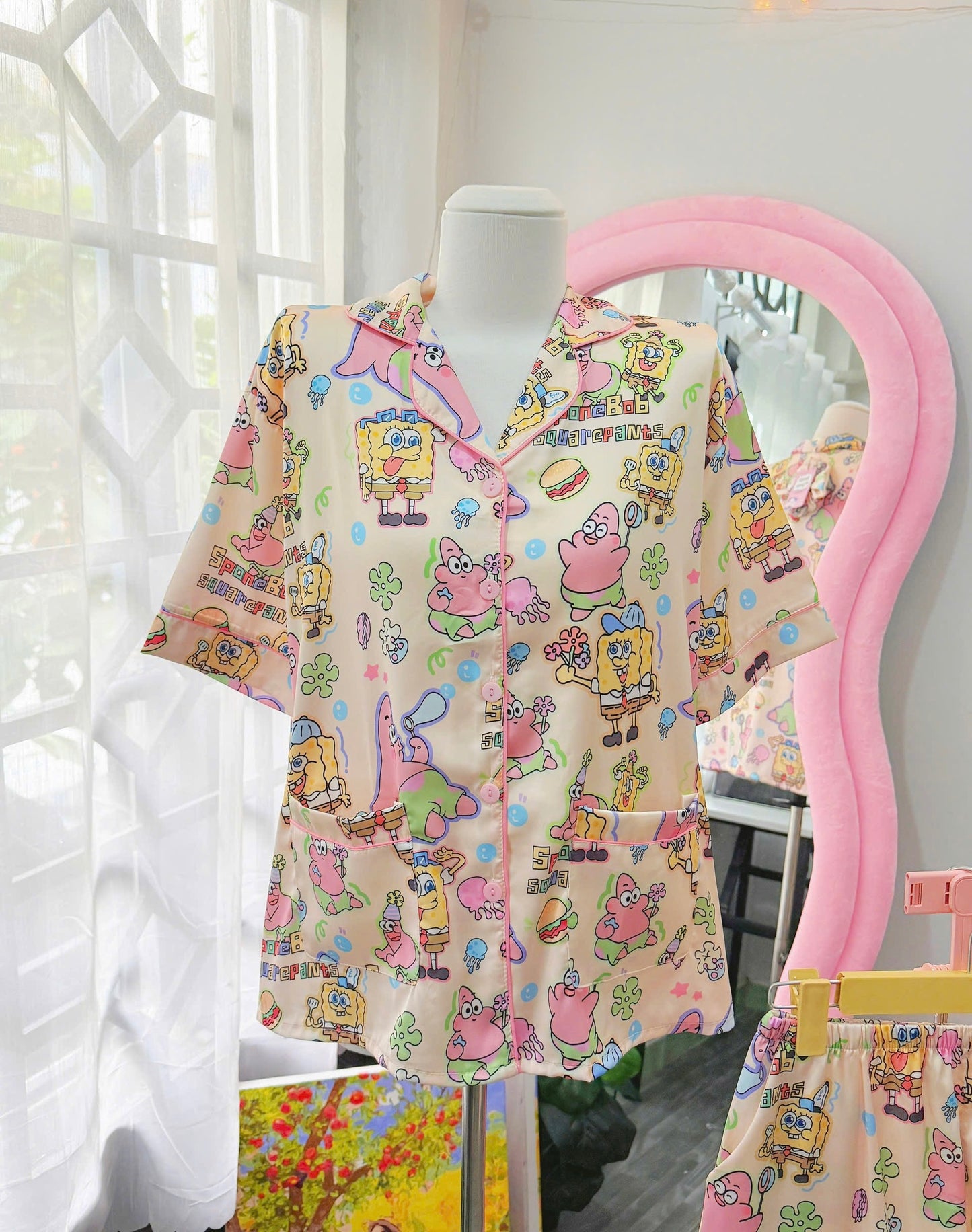 Yellow Spongebob Satin Pajama Short Set