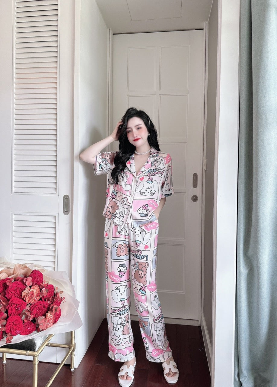 Petite Cute Cat Pattern Satin Pajama Short Sleeve
