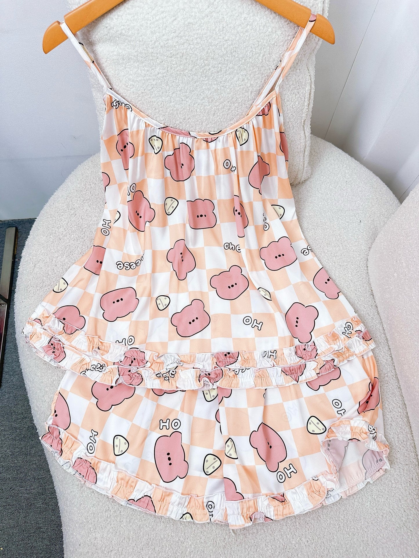 Cream Brown Bear Satin Tank Top Pajama Short Set