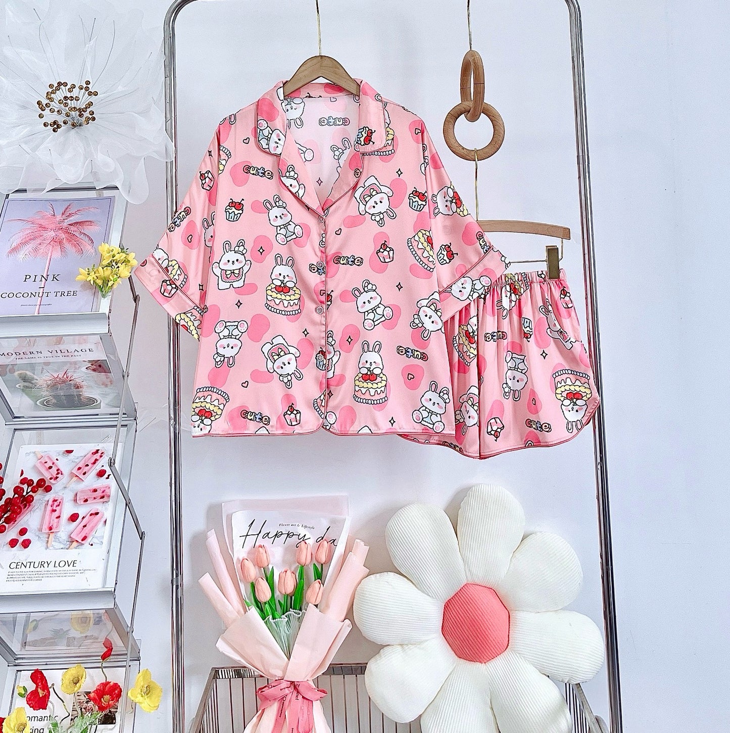 Pink Birthday Bunny Satin Pajama Short Set