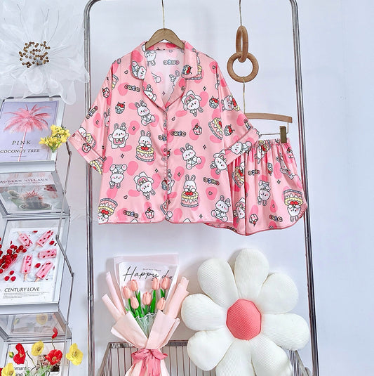 Pink Birthday Bunny Satin Pajama Short Set