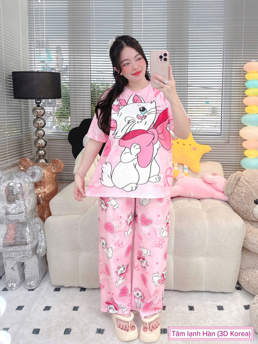 Pink Cat Ribbed Cotton Pajama Short Sleeve