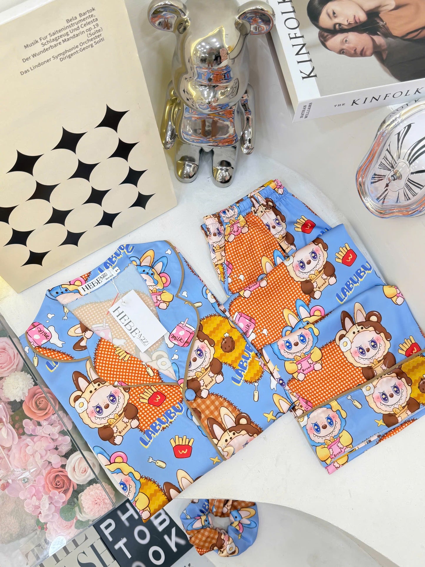 Blue Bread Master Labubu Satin Pajama Short Sleeve