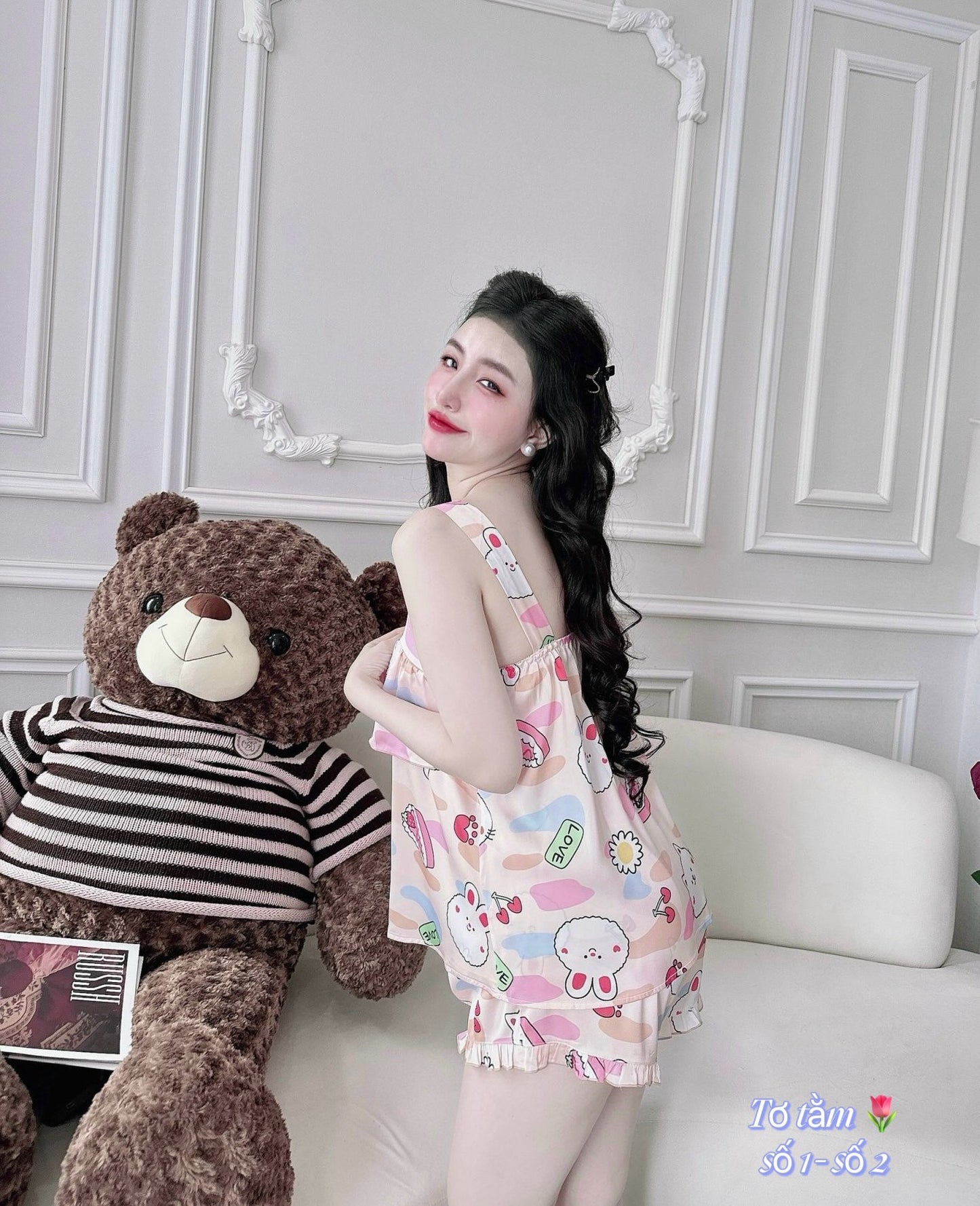 Satin Thick Strap Tank Top Layers with Cute Characters Pajama Short Set