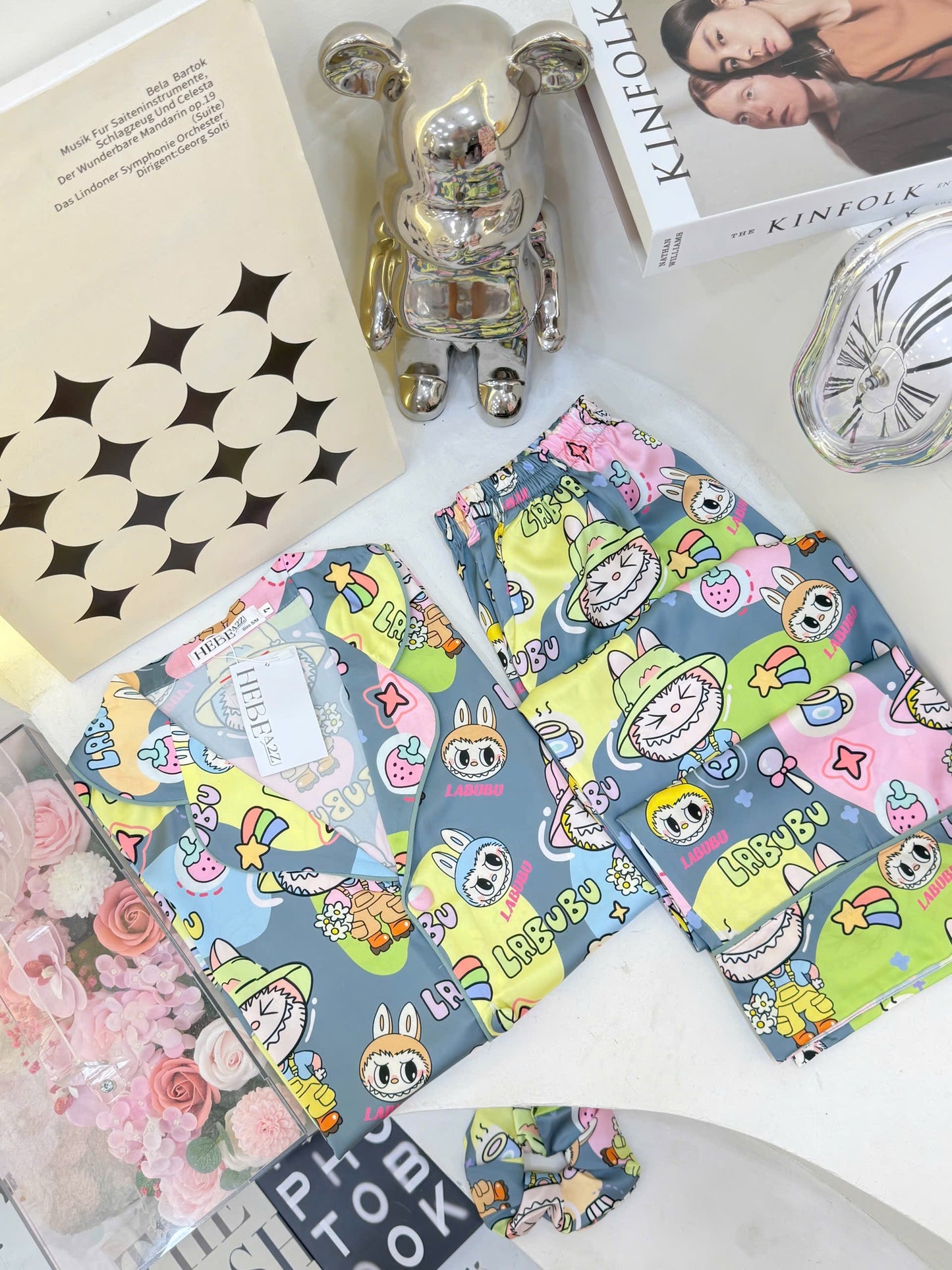 Gray Labubu Satin Pajama Short Sleeve