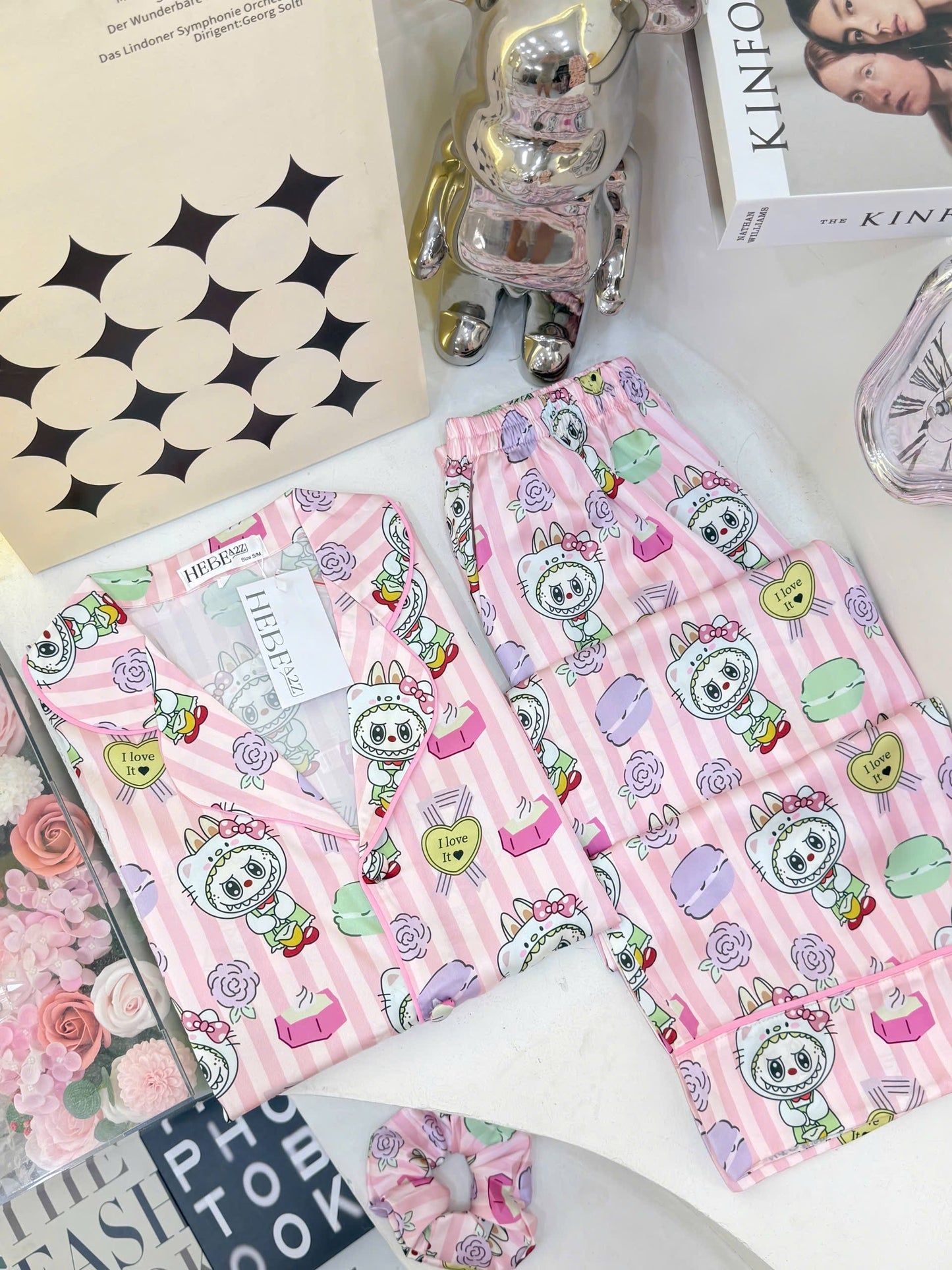 Pink Stripe Labubu Hello Kitty Satin Pajama Short Sleeve
