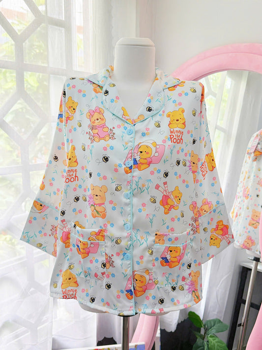 Mini Pooh Satin Pajama Mid-Length Sleeve Short Set