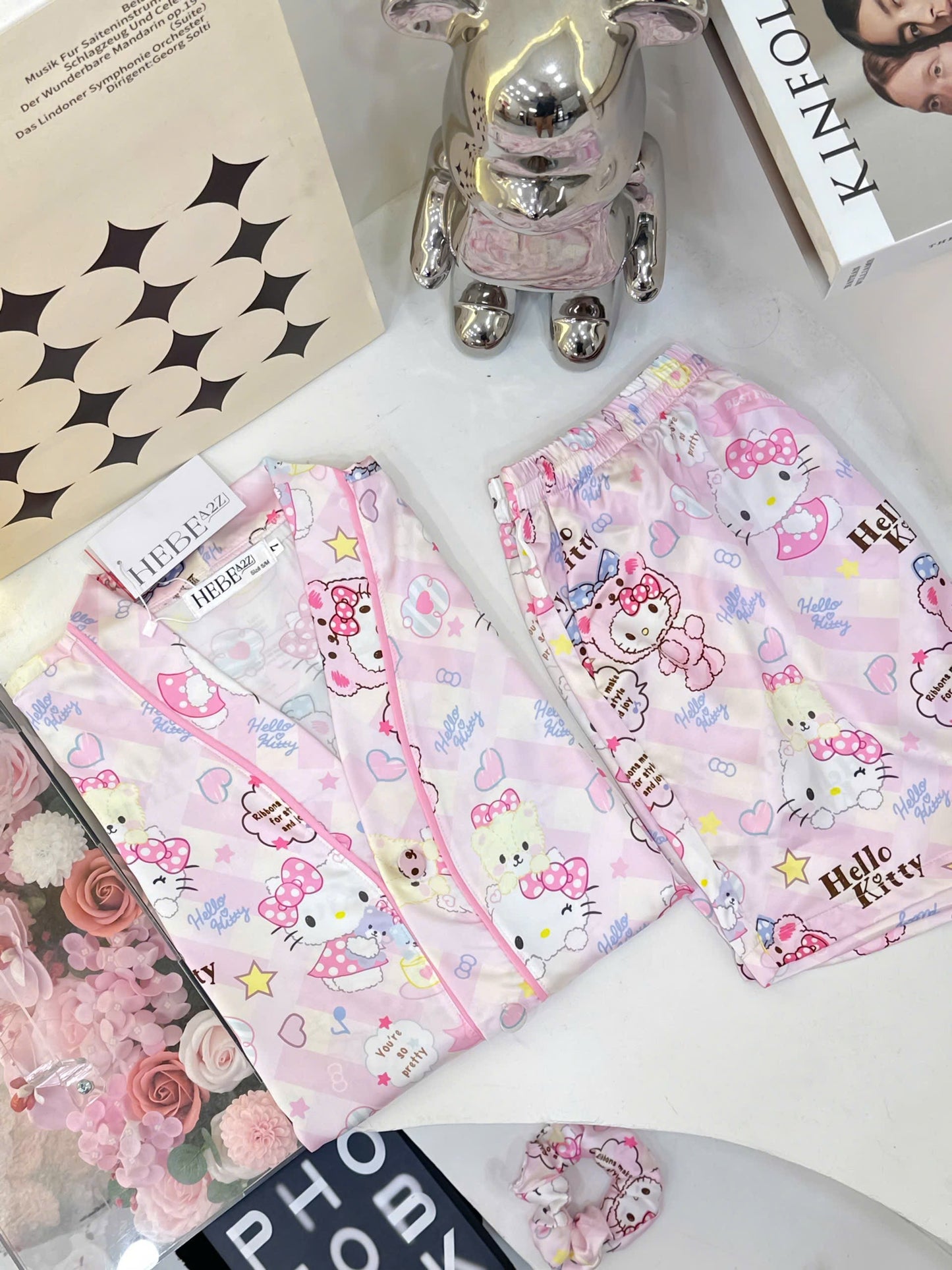 Pink Hello Kitty V Neck Satin Pajama Short Set