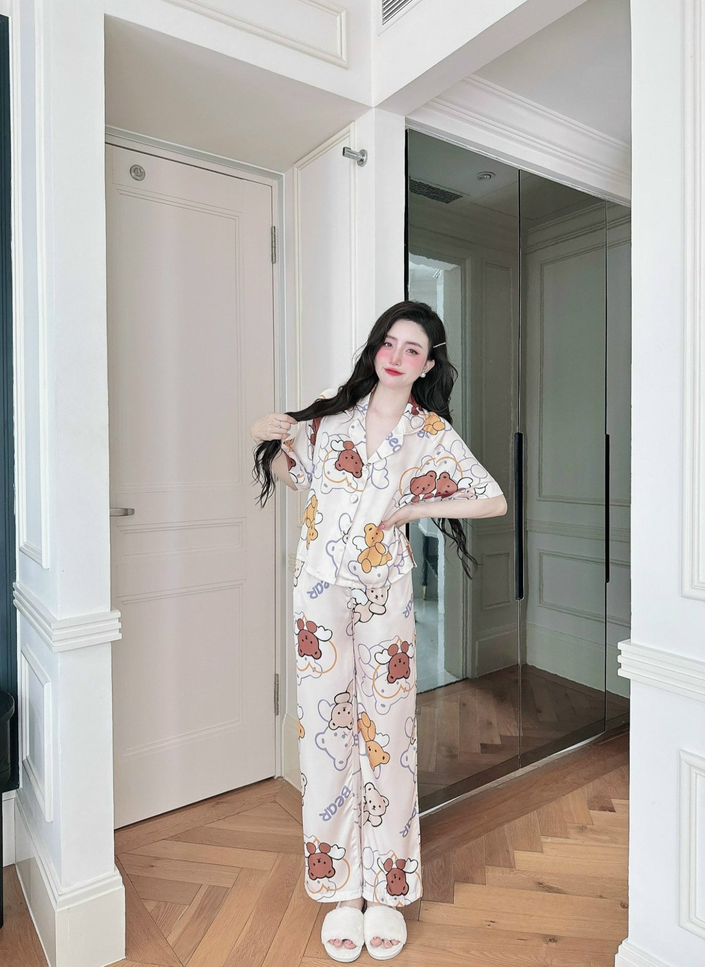 Petite Cute Teddy Bear Pattern Satin Pajama Short Sleeve