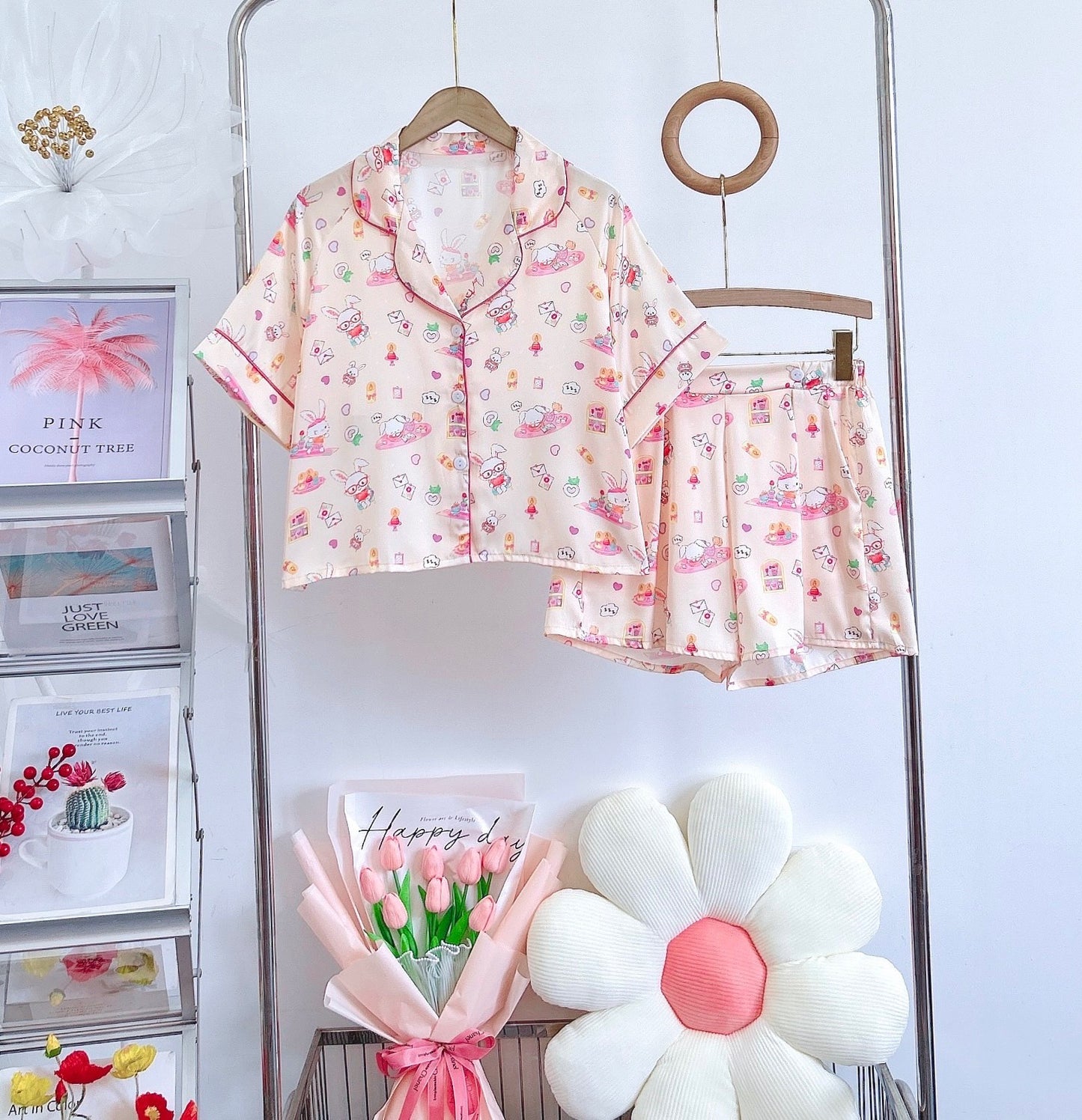 Petite Cream Bunny with Love Letters Satin Pajama Short Set