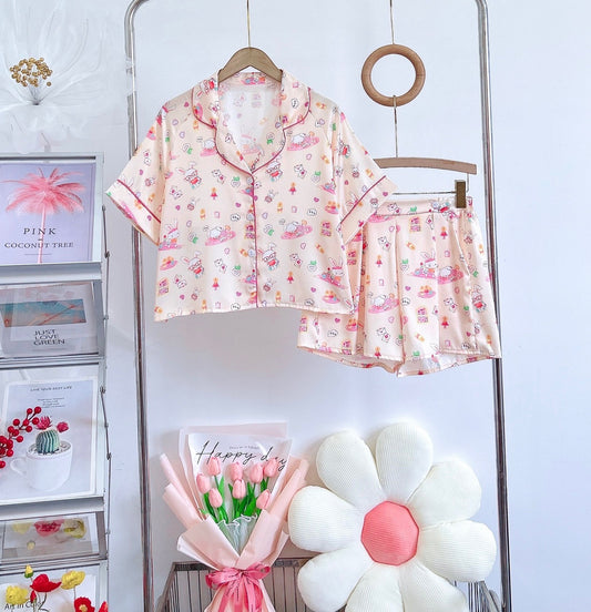 Petite Cream Bunny with Love Letters Satin Pajama Short Set