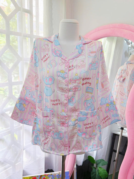 Happy Elephant Satin Pajama Mid-Length Sleeve Short Set