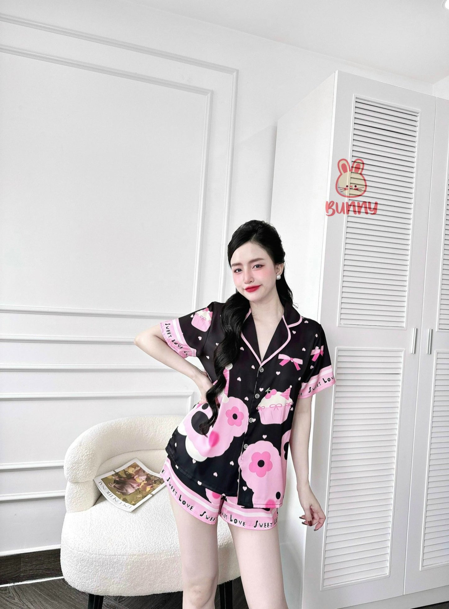 Pink Bunny and Cupcake Satin Pajama Short Set