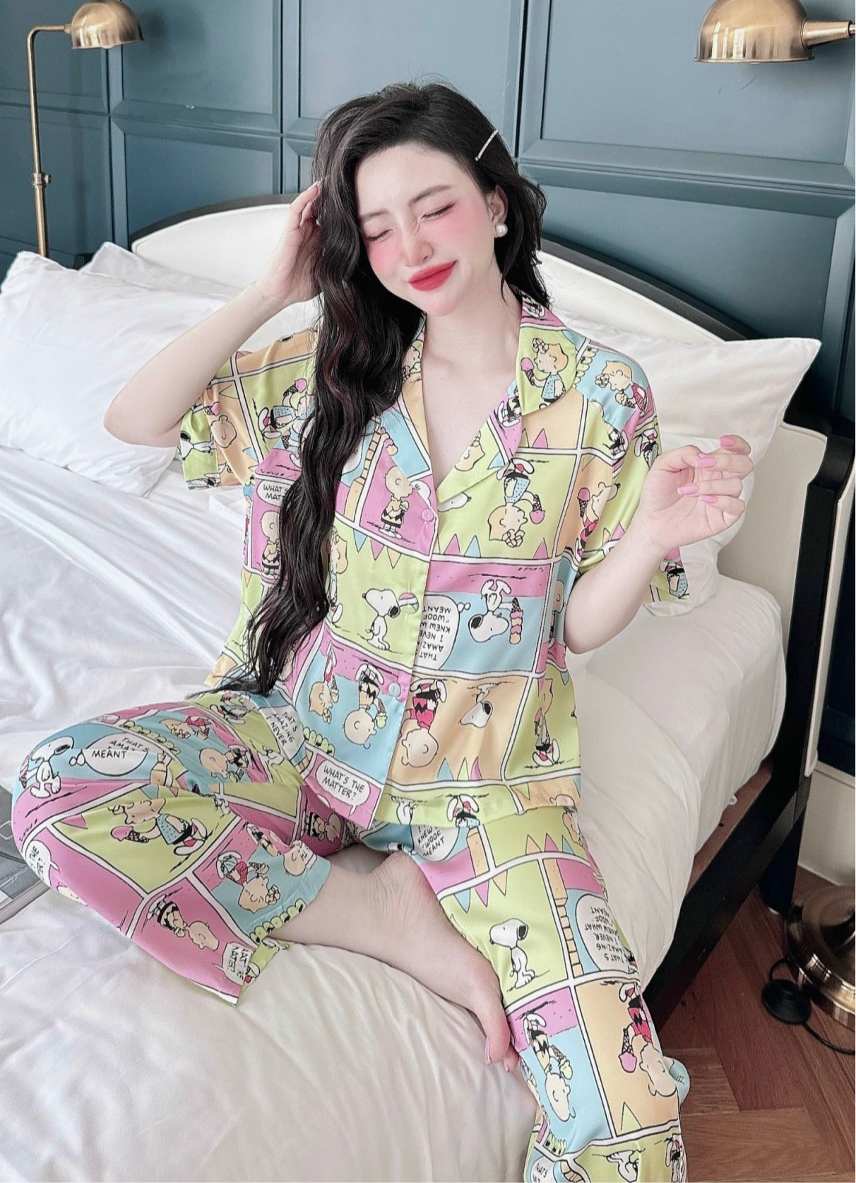 Petite Snoopy and Peanut Pattern Satin Pajama Short Sleeve