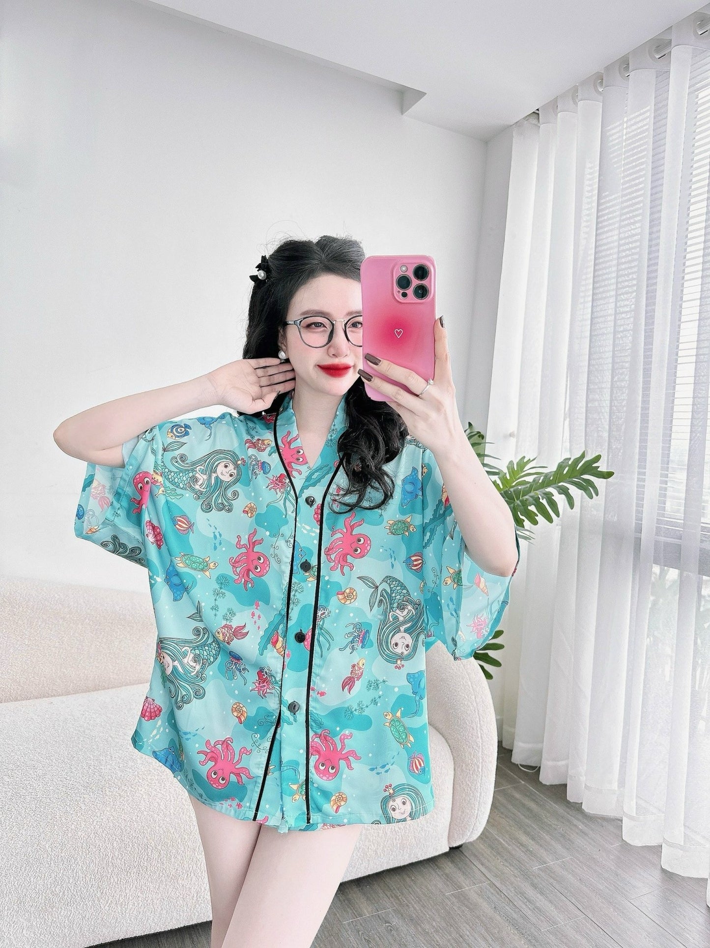 Blue Under the Sea V Neck Satin Short Set