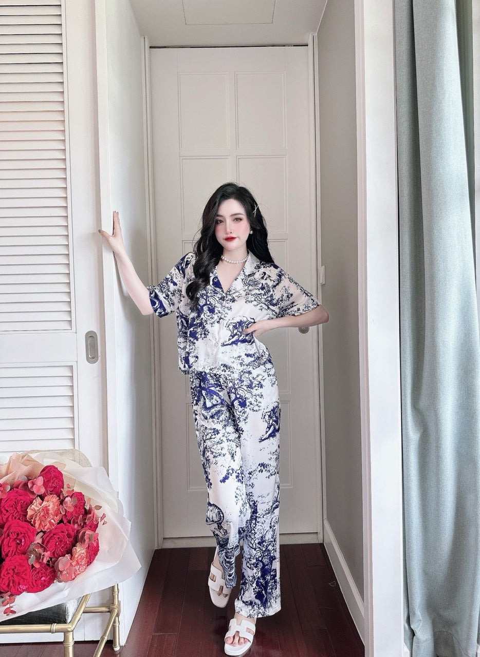 Petite Black Blue Designer Pattern Satin Pajama Short Sleeve