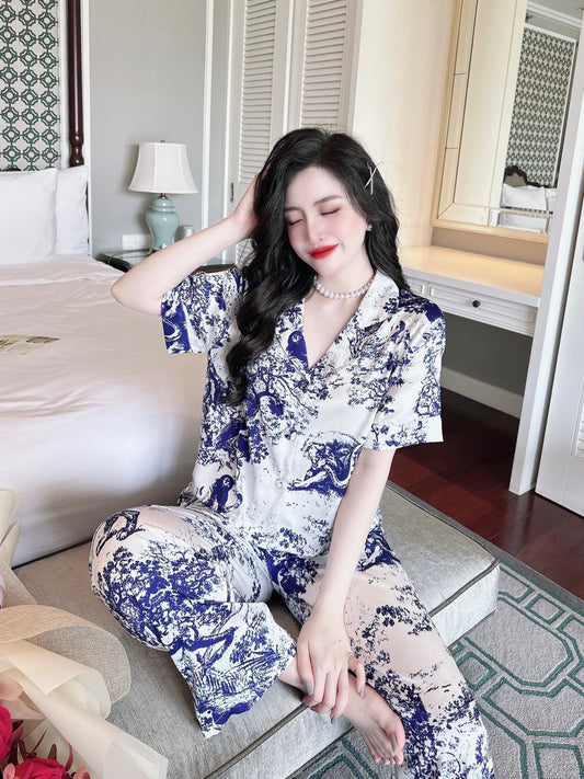 Petite Black Blue Designer Pattern Satin Pajama Short Sleeve