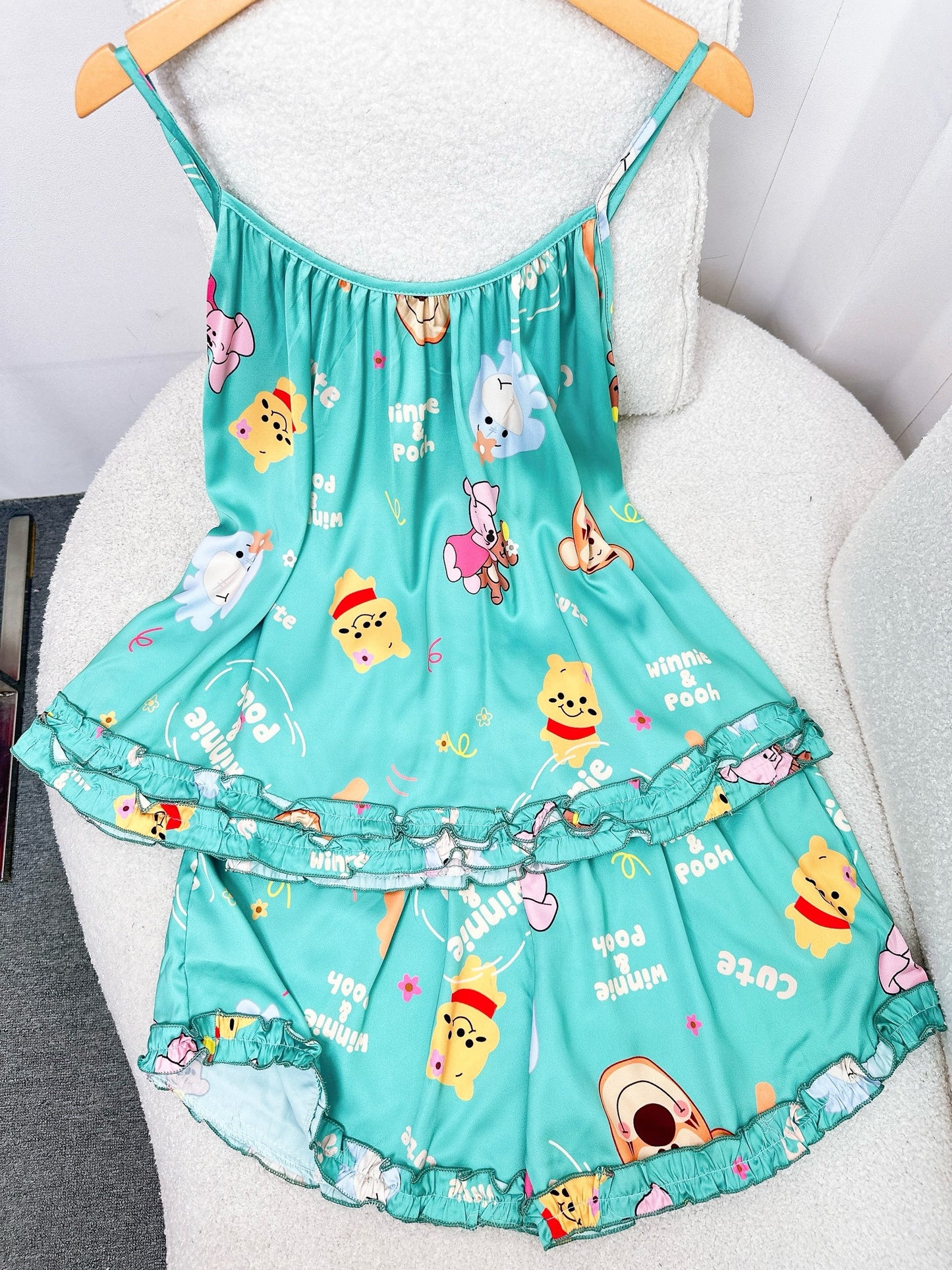 Green Baby Poooh Satin Tank Top Pajama Short Set