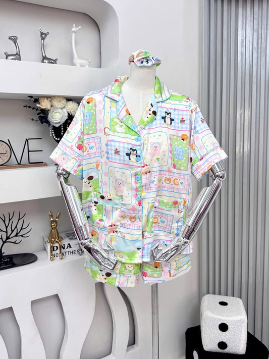 Cute Animals Satin Pajama Short Set