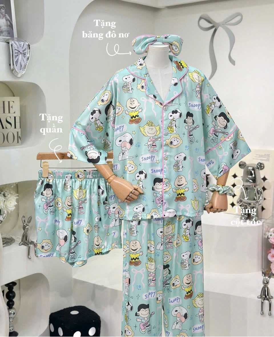 Mint Snoopy Satin Pajama Short Sleeve