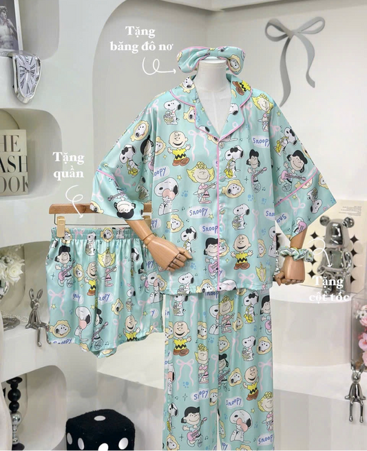 Mint Snoopy Satin Pajama Short Sleeve