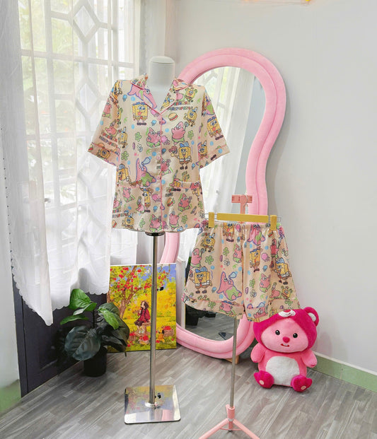 Yellow Spongebob Satin Pajama Short Set