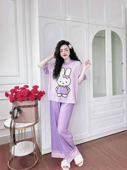 Purple Bunny Ribbed Cotton Pajama Short Sleeve