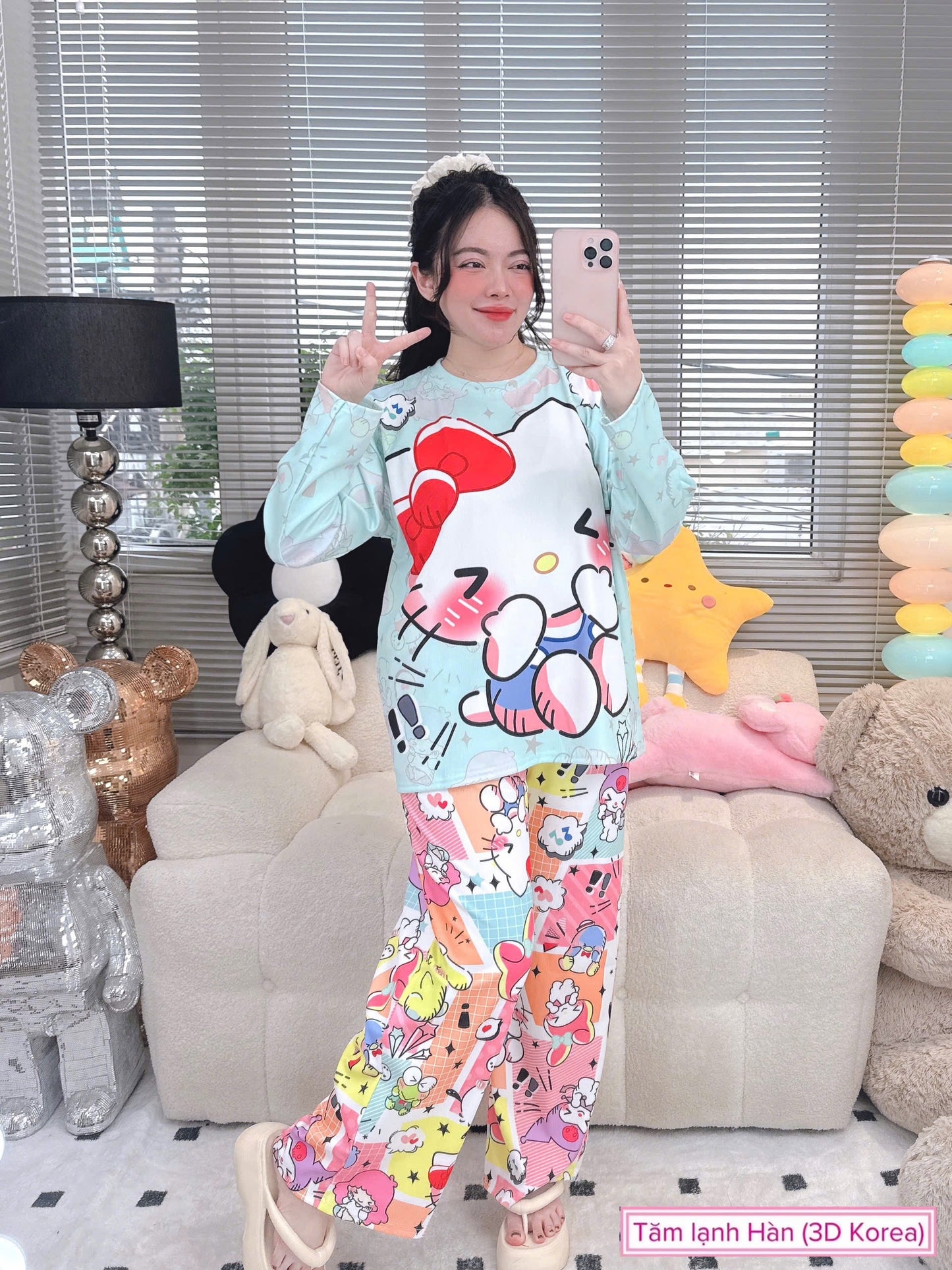 Happy Hello Kitty Ribbed Cotton Pajama Long Sleeve