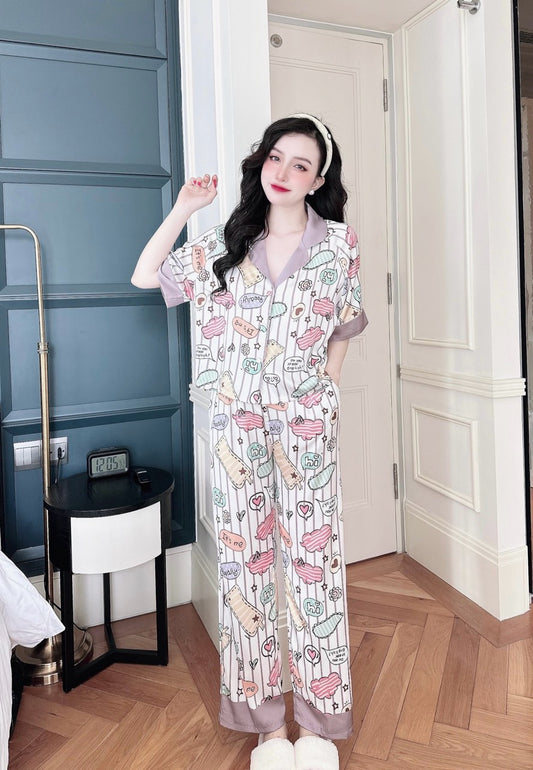 Petite Colorful Stickers Pattern Satin Pajama Short Sleeve