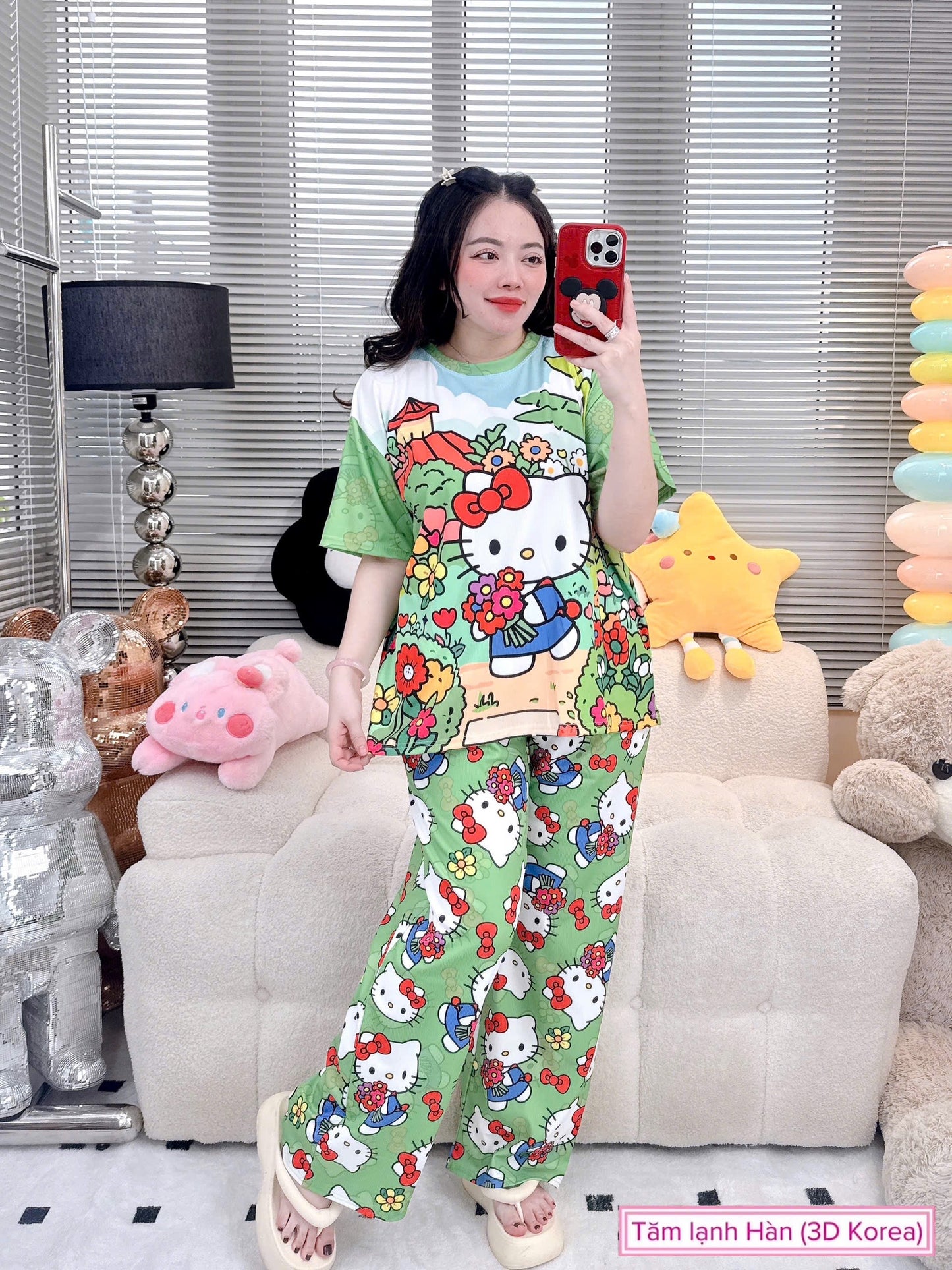 Green Hello Kitty Ribbed Cotton Pajama Short Sleeve