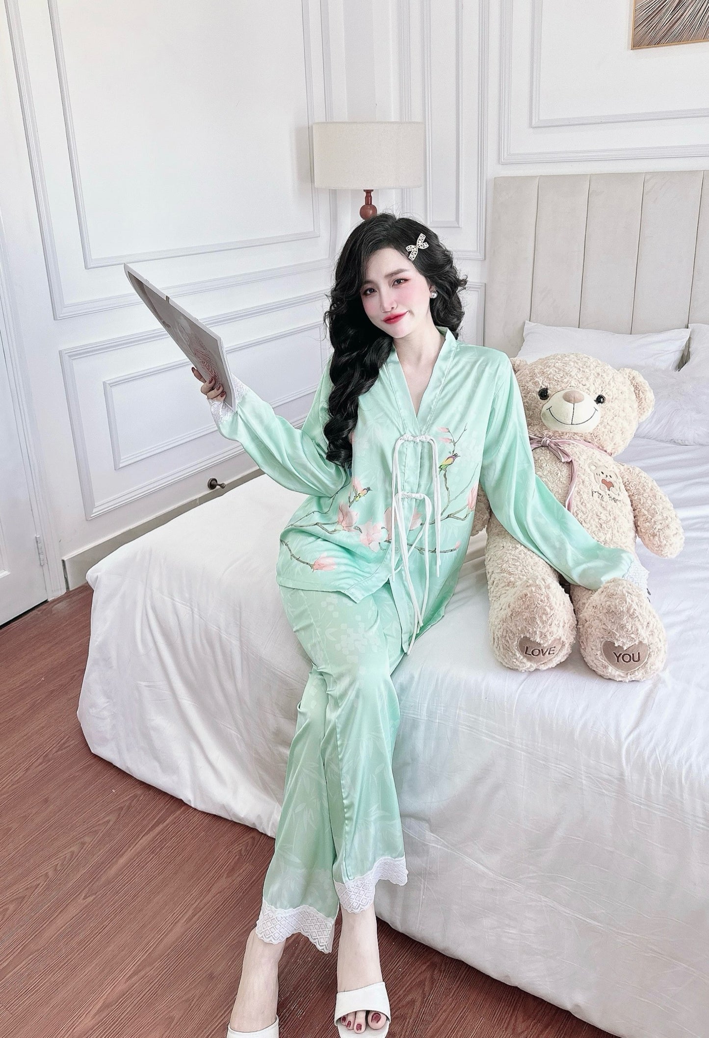 Petite Green Flowers Satin Pajama Long Sleeve