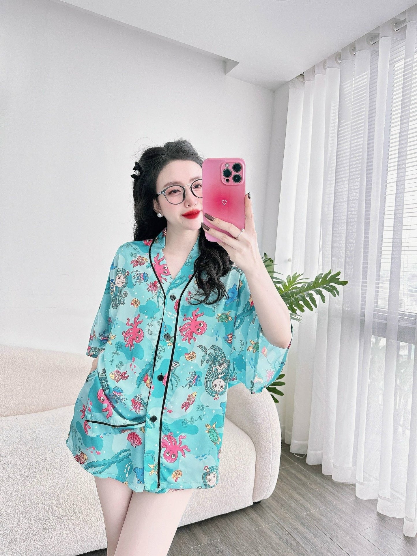 Blue Under the Sea V Neck Satin Short Set