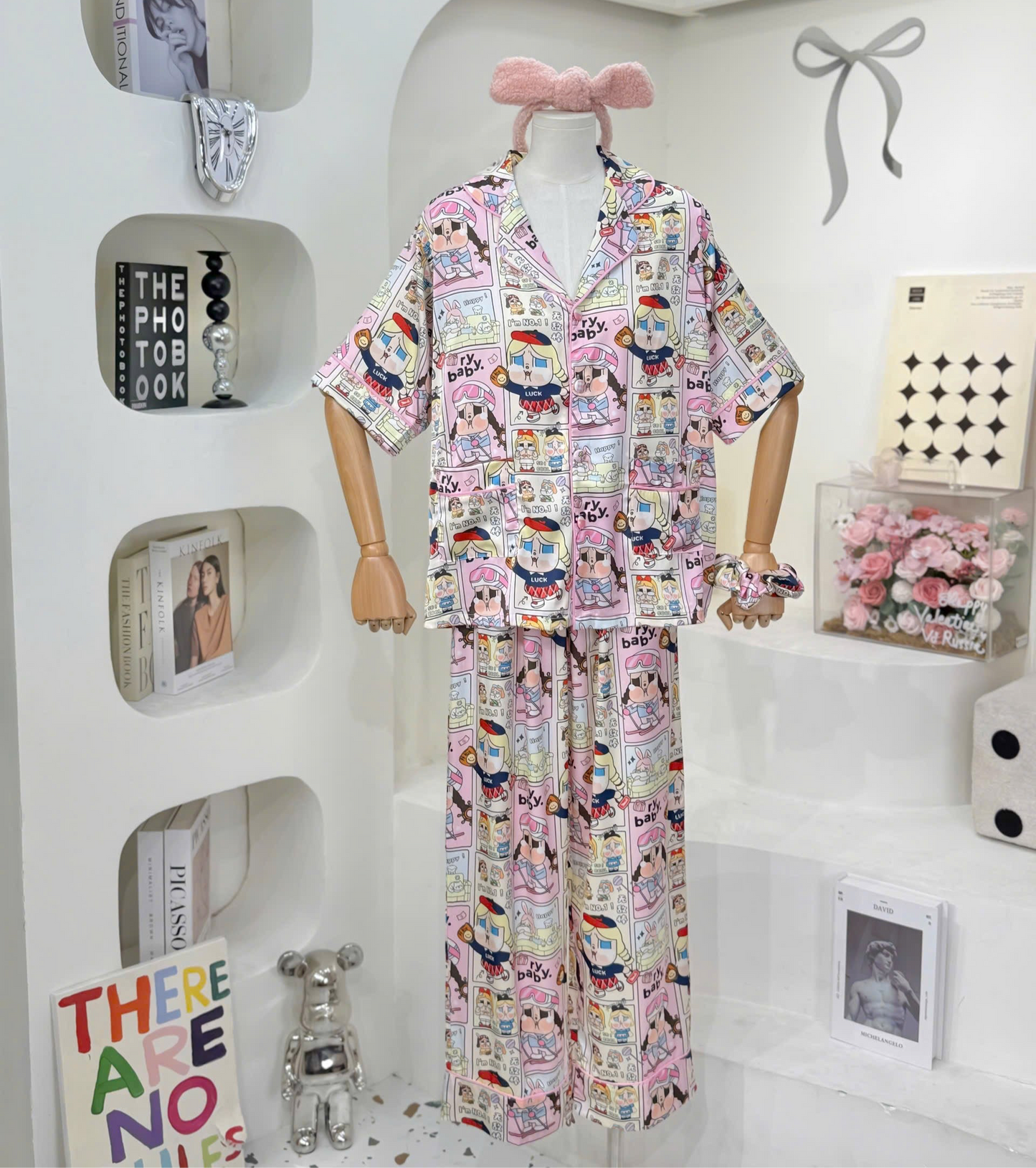 Pink Comic Inspired Cry Baby Satin Pajama Short Sleeve