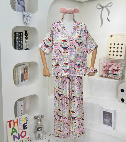 Pink Comic Inspired Cry Baby Satin Pajama Short Sleeve