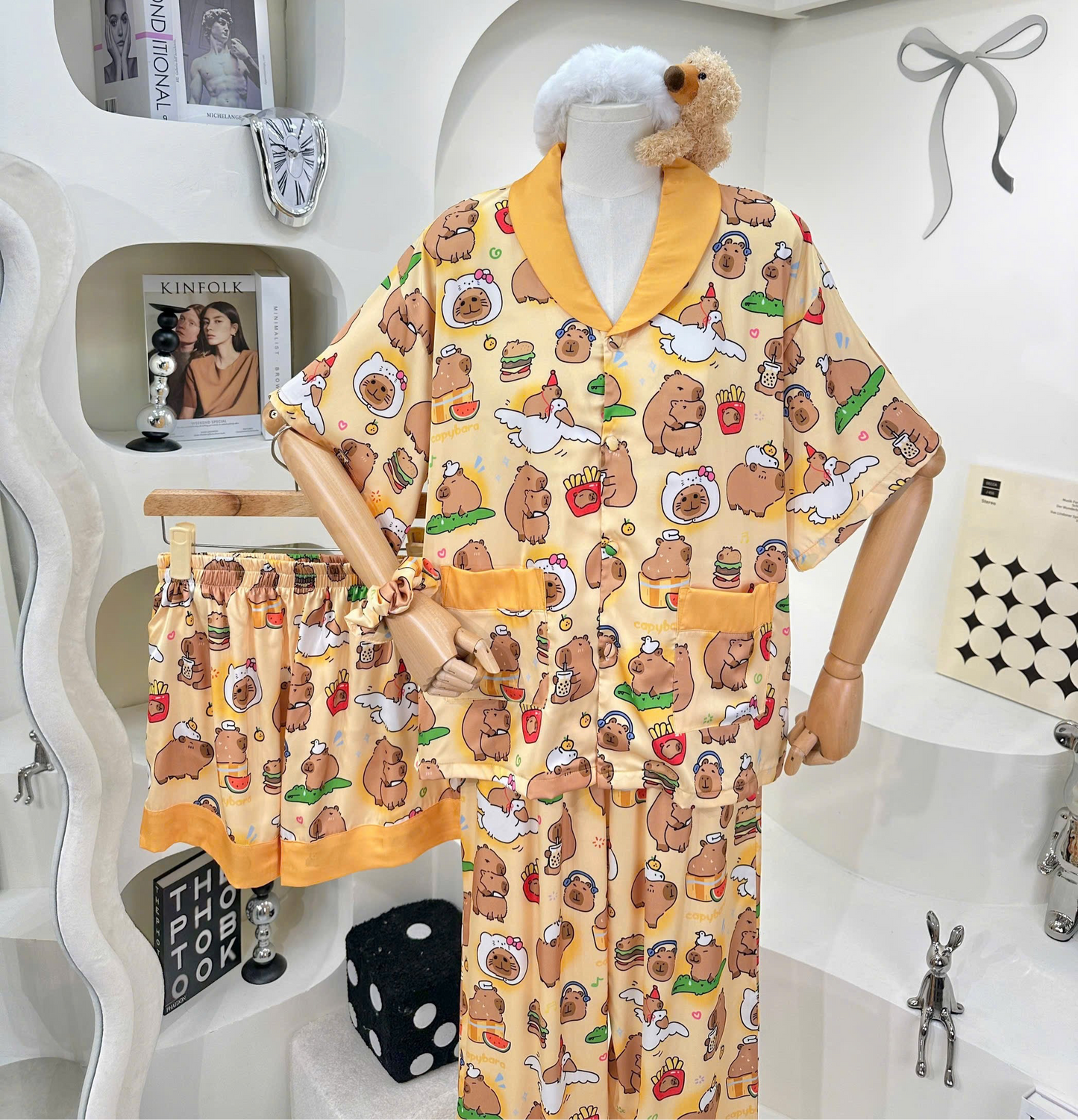 Yellow Capybara Satin Pajama Short Sleeve