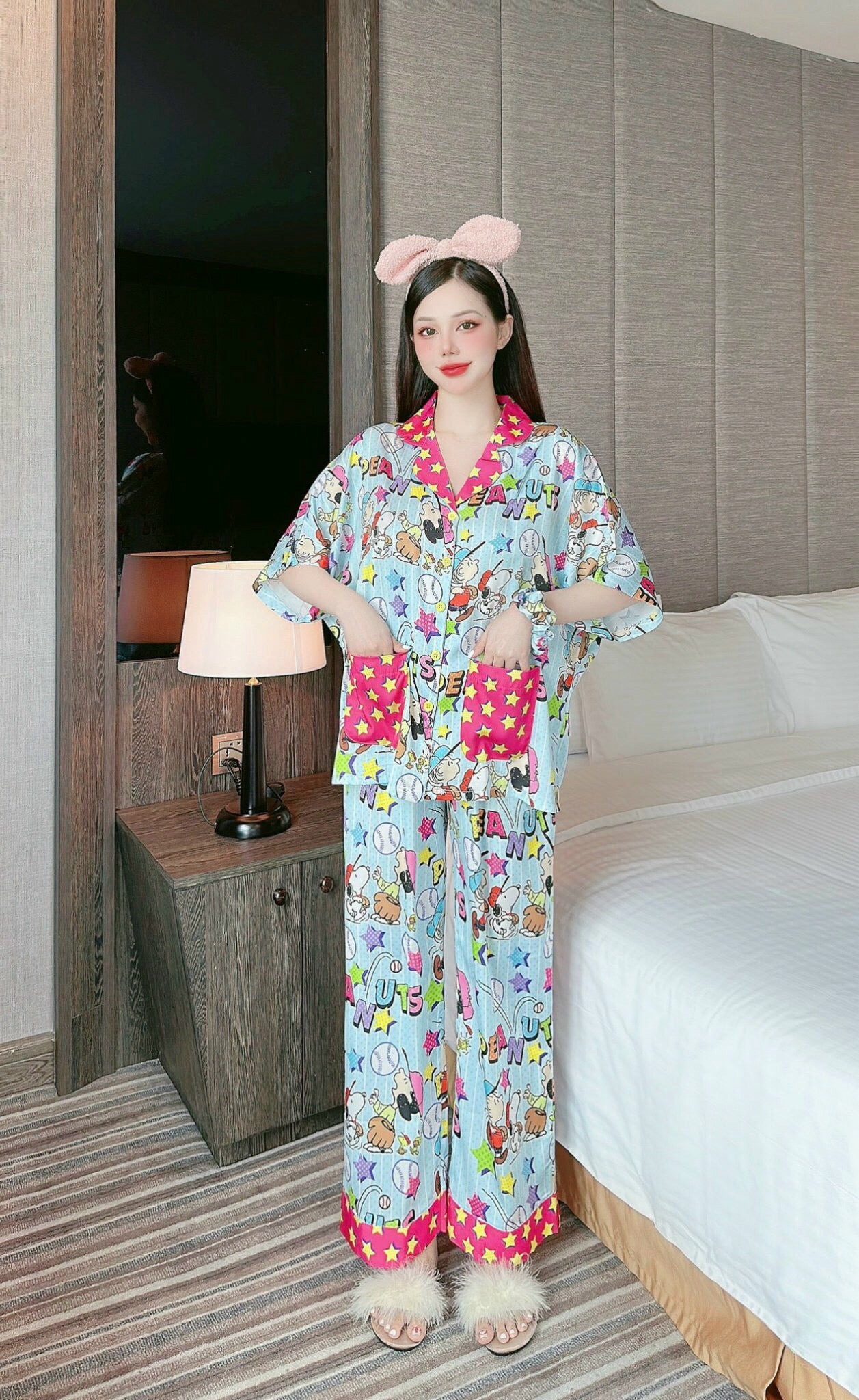 Blue Stripe Snoopy and Peanut Satin Short Sleeve