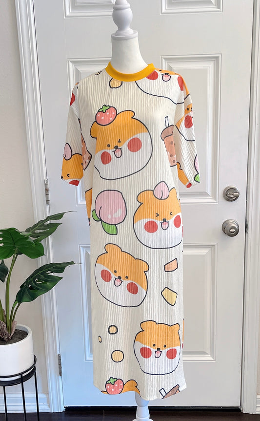 Dog and Peach Oversized Stretchy Pleated Tshirt Dress