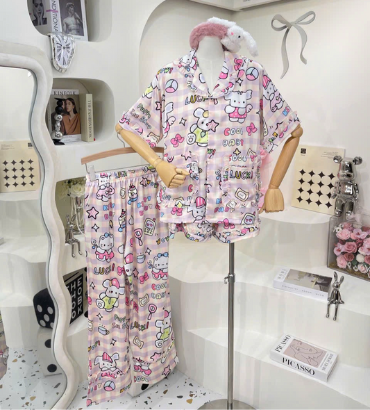 Hello Kitty and Pochacco Drawing Satin Pajama Short Sleeve
