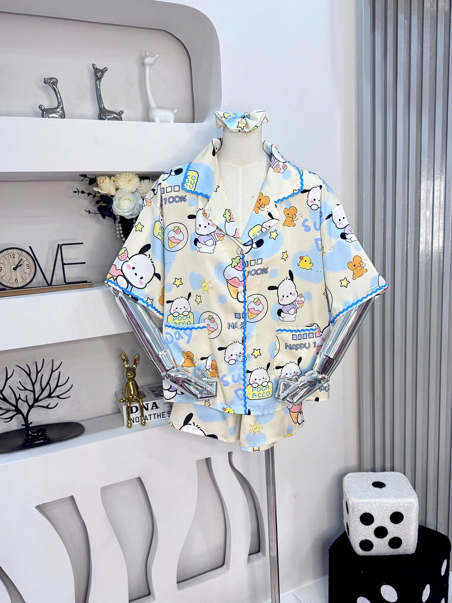 Pastel Yellow Pochacco Satin Pajama Short Set