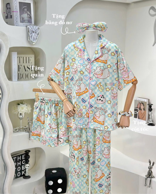 Blue Checkered Bunny Satin Pajama Short Sleeve