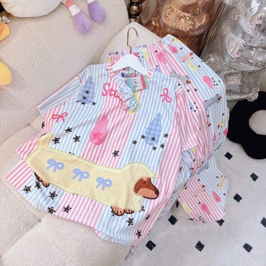 Stripe Weenie Dog Ribbed Cotton Pajama Short Sleeve